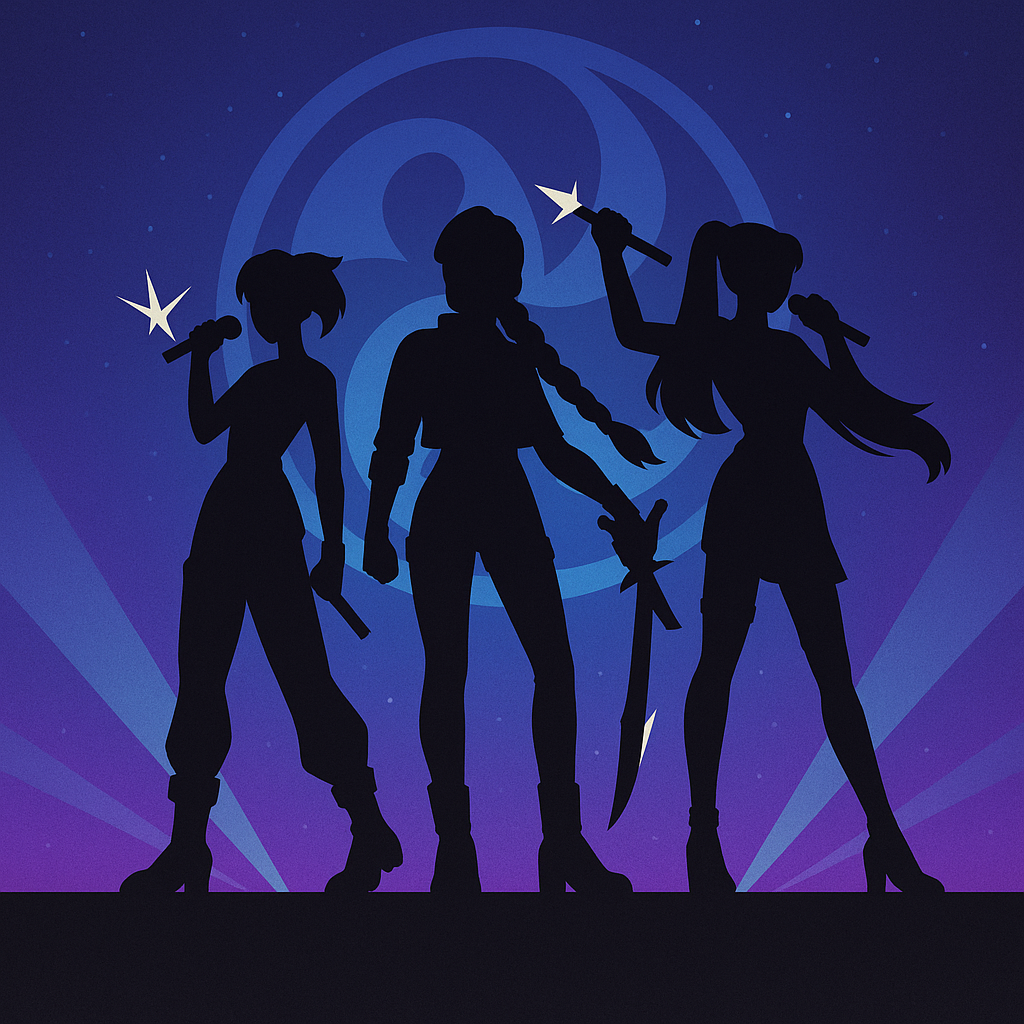 A concert-poster style illustration of The Ultimate Guide to KPop Demon Hunters Easter Eggs and Symbolism showing three idol demon hunters in pure black silhouettes. They stand in powerful K-pop stage poses with microphone-swords raised high, set against a glowing cosmic backdrop with abstract circular patterns.