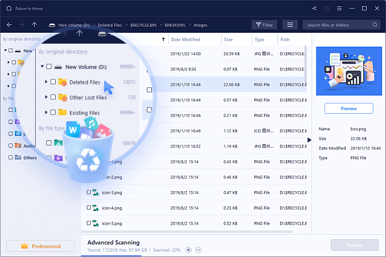 EaseUS recovery wizard scanning progress view.