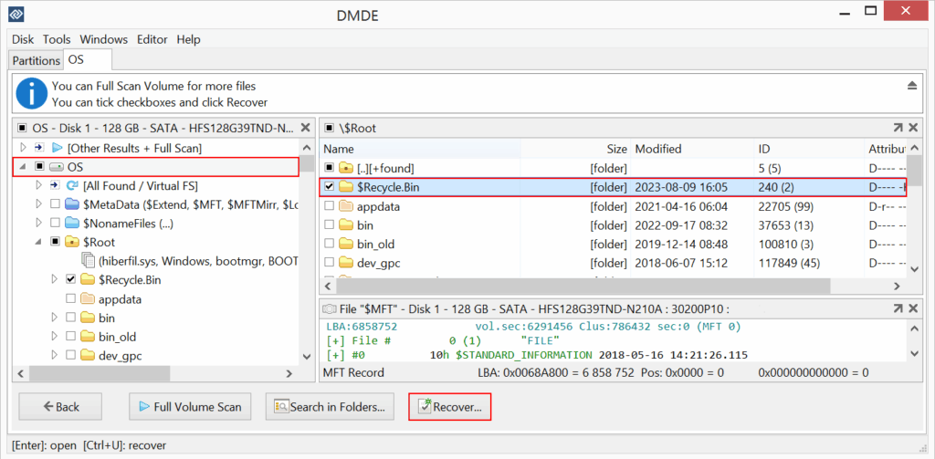 DMDE disk recovery interface showing partition scan results.